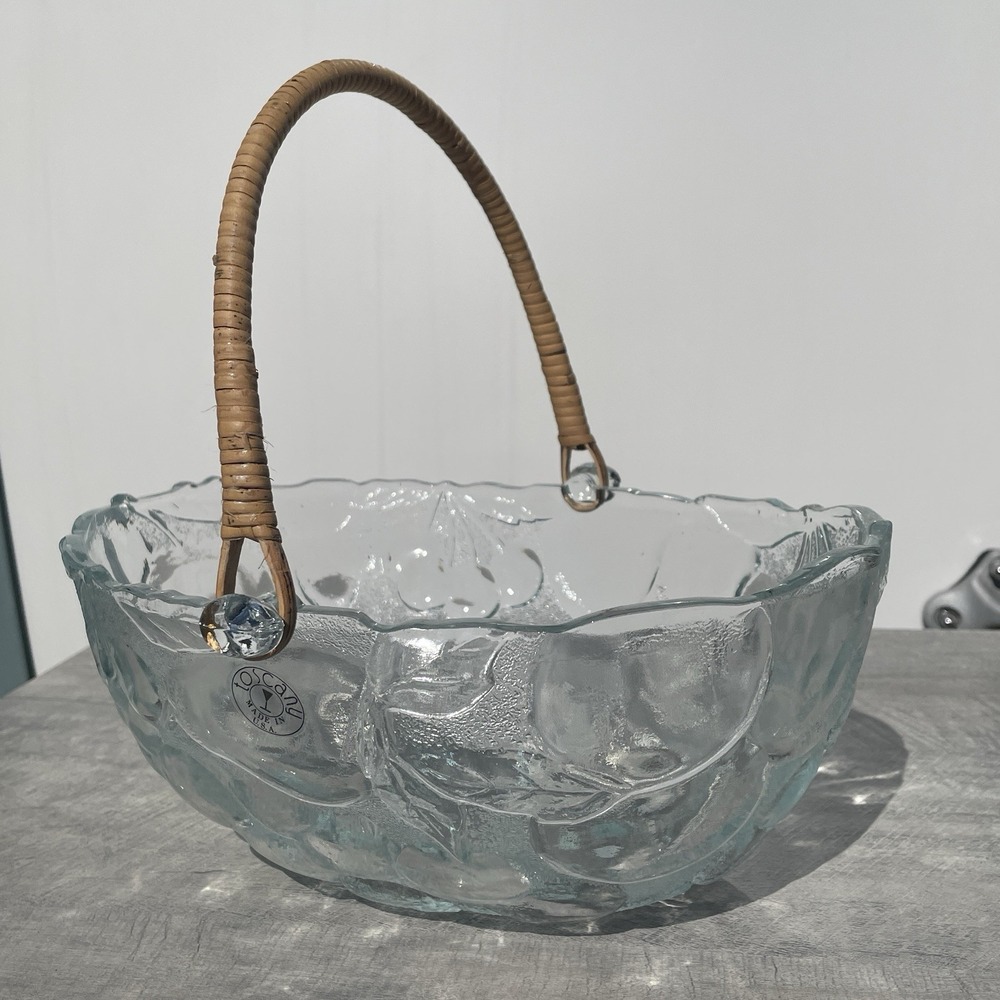 Toscany Country Harvest Glass Fruit Basket/Bowl with Rattan Handle